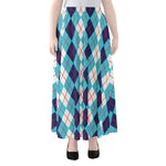 White And Blue Argyle Pattern Print Chiffon Maxi Skirt