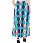White And Blue Argyle Pattern Print Chiffon Maxi Skirt
