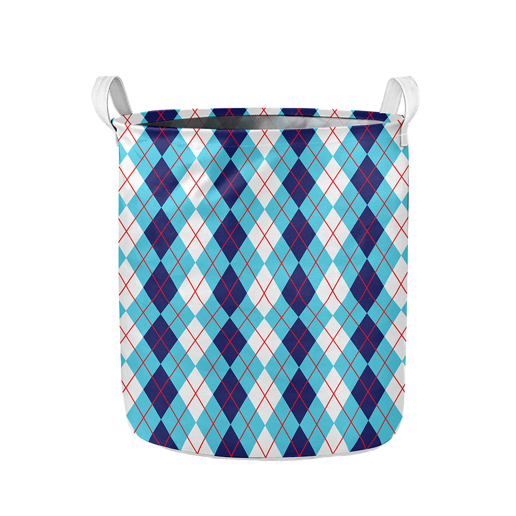 White And Blue Argyle Pattern Print Collapsible Laundry Basket