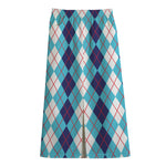 White And Blue Argyle Pattern Print Cotton Front Slit Maxi Skirt