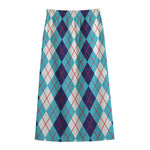 White And Blue Argyle Pattern Print Cotton Front Slit Maxi Skirt