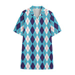 White And Blue Argyle Pattern Print Cotton Hawaiian Shirt