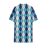 White And Blue Argyle Pattern Print Cotton Hawaiian Shirt