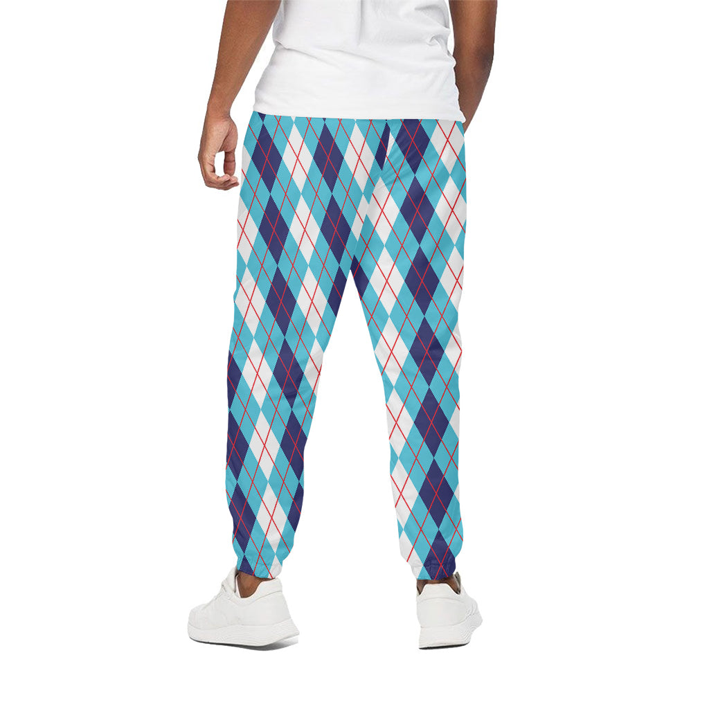 White And Blue Argyle Pattern Print Cotton Pants