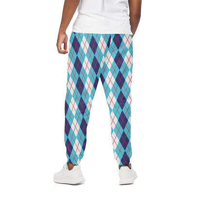 White And Blue Argyle Pattern Print Cotton Pants