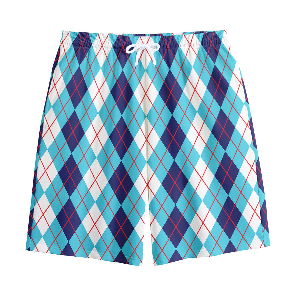 White And Blue Argyle Pattern Print Cotton Shorts