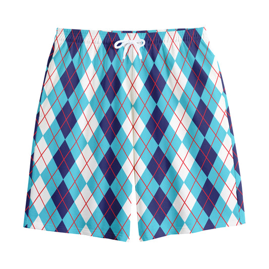 White And Blue Argyle Pattern Print Cotton Shorts