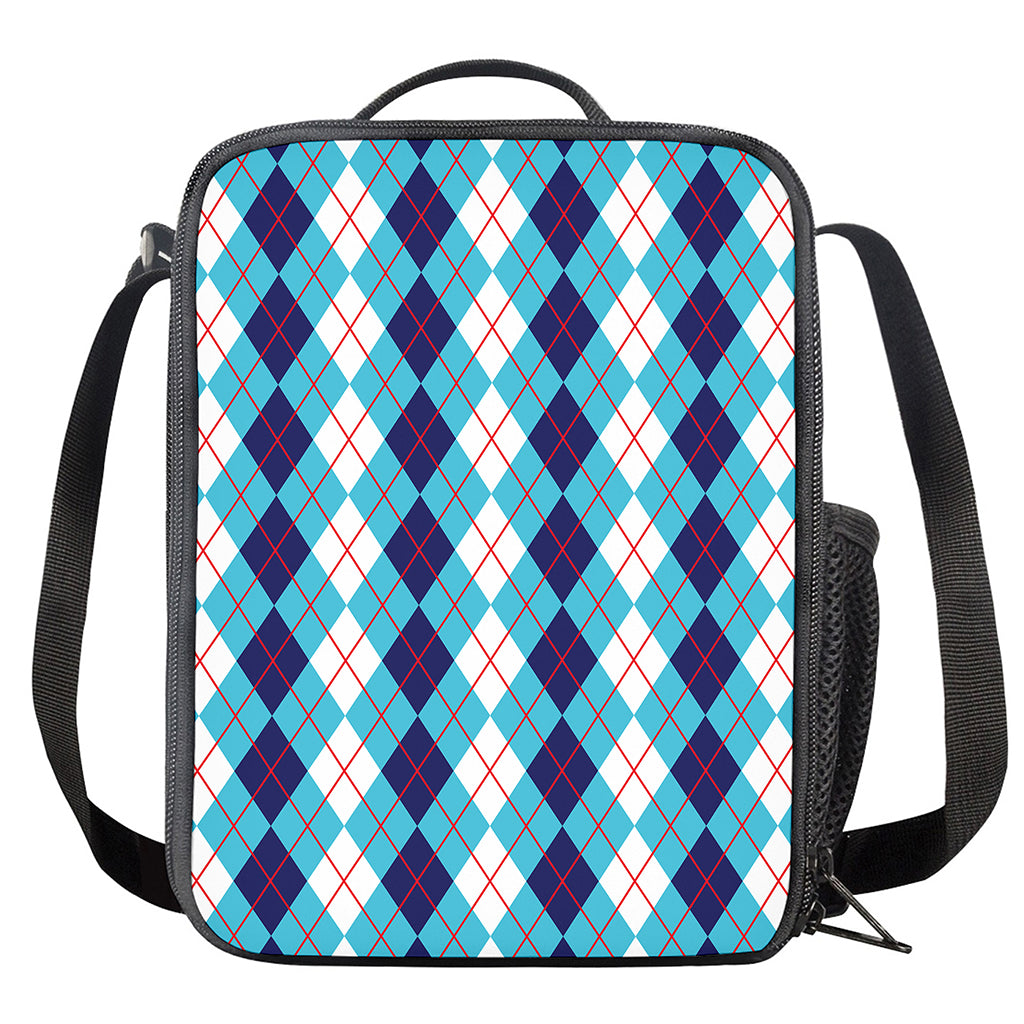 White And Blue Argyle Pattern Print Crossbody Lunch Bag