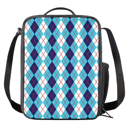 White And Blue Argyle Pattern Print Crossbody Lunch Bag