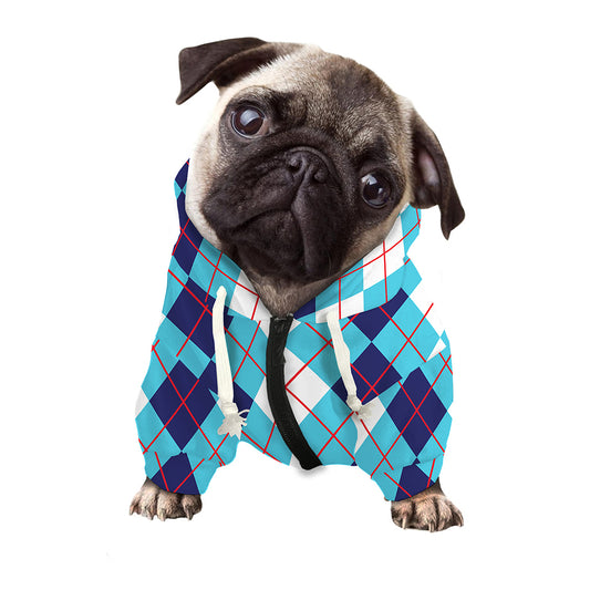 White And Blue Argyle Pattern Print Dog Zip Up Hoodie
