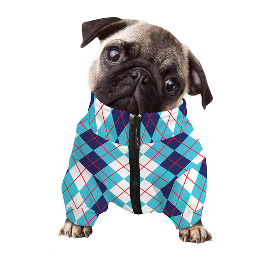 White And Blue Argyle Pattern Print Dog Zip Up Jacket