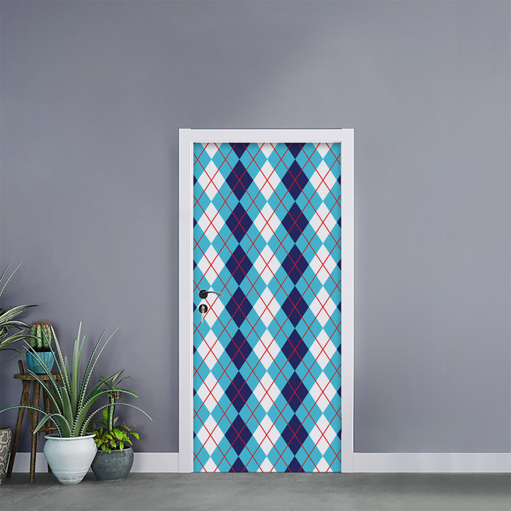 White And Blue Argyle Pattern Print Door Sticker