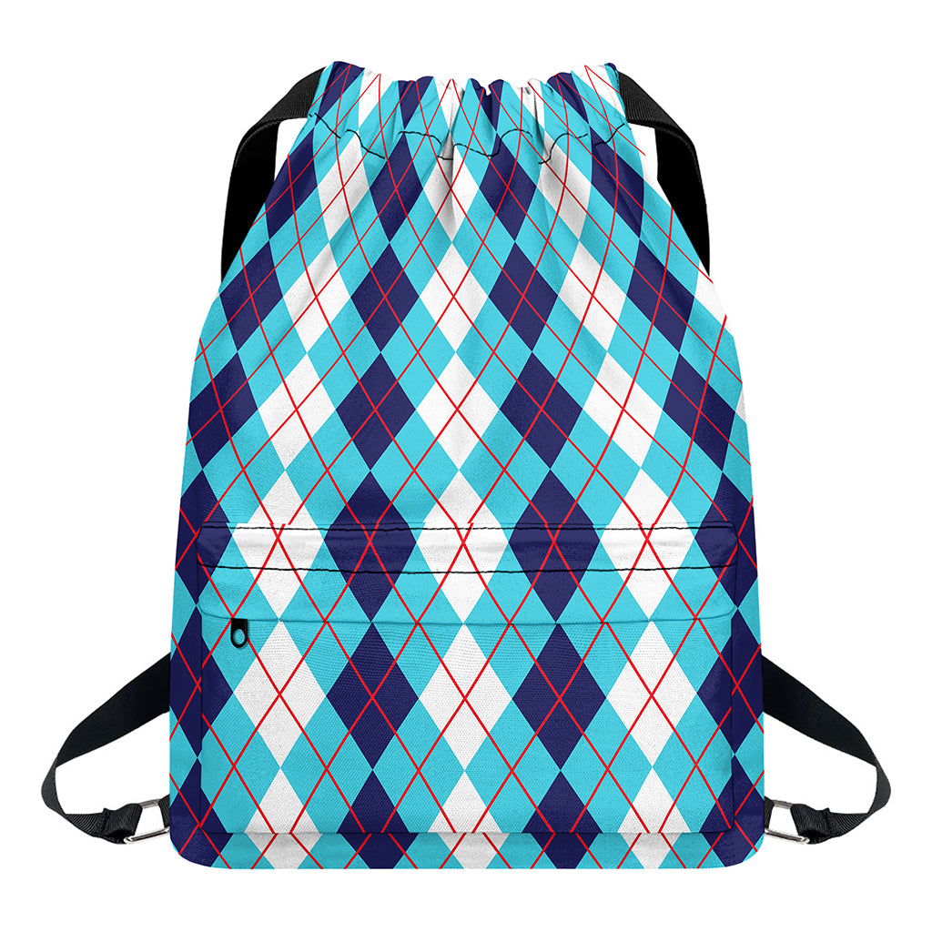 White And Blue Argyle Pattern Print Drawstring Backpack