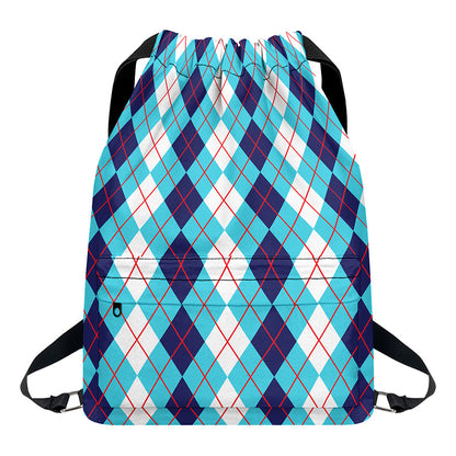 White And Blue Argyle Pattern Print Drawstring Backpack