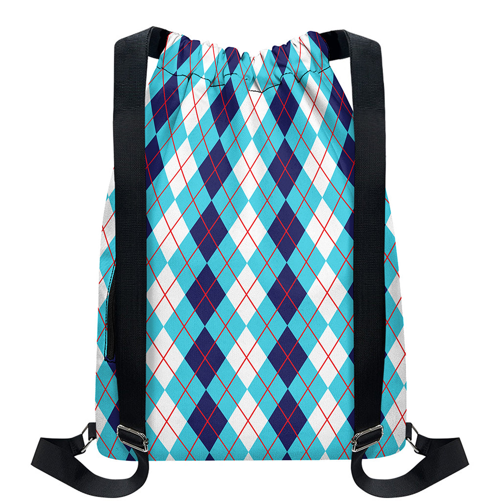White And Blue Argyle Pattern Print Drawstring Backpack