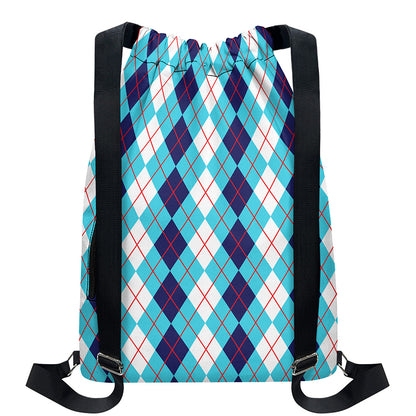 White And Blue Argyle Pattern Print Drawstring Backpack