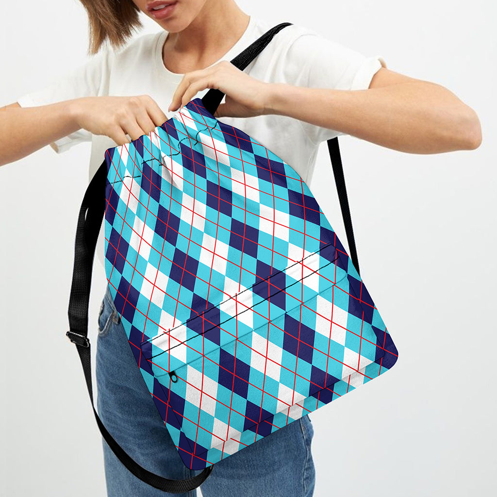 White And Blue Argyle Pattern Print Drawstring Backpack