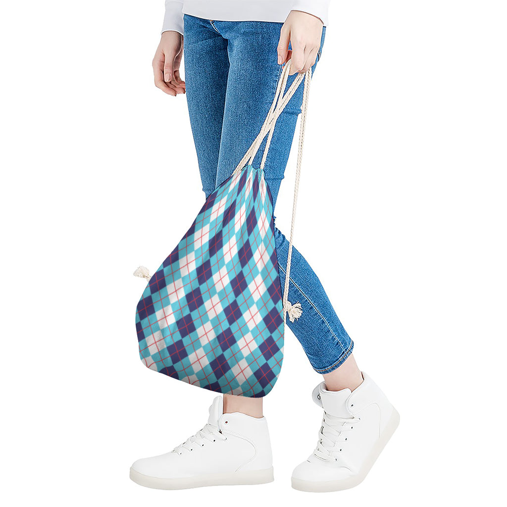White And Blue Argyle Pattern Print Drawstring Bag