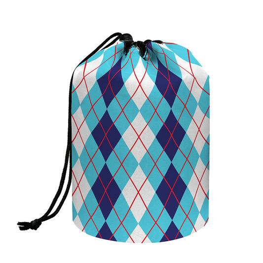 White And Blue Argyle Pattern Print Drawstring Makeup Bag