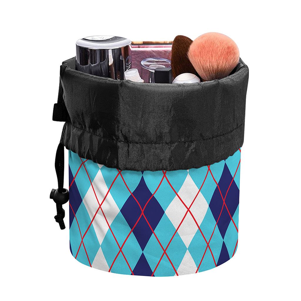 White And Blue Argyle Pattern Print Drawstring Makeup Bag