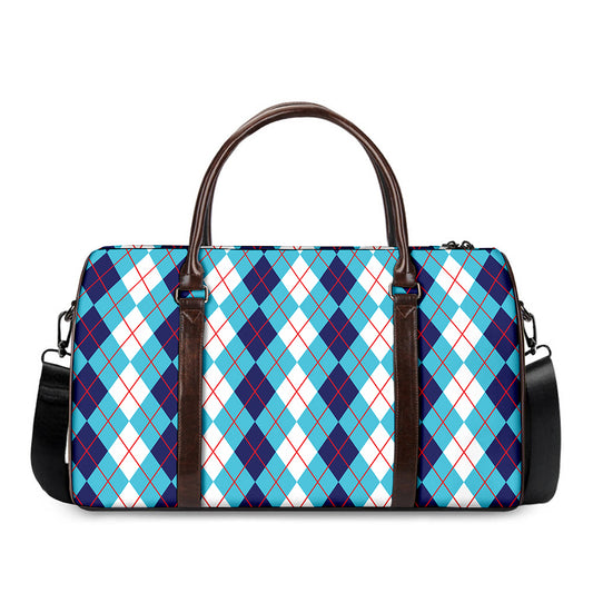 White And Blue Argyle Pattern Print Duffle Bag