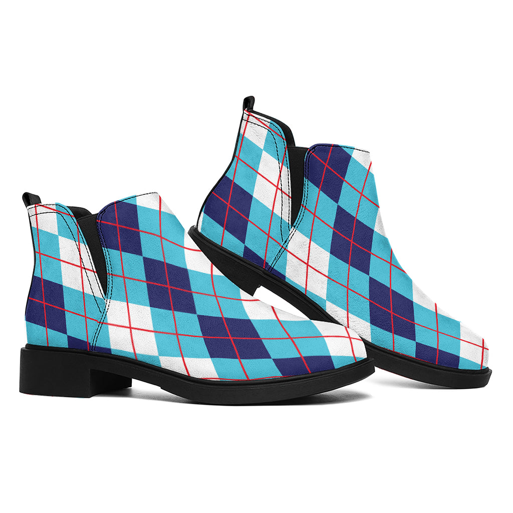 White And Blue Argyle Pattern Print Flat Ankle Boots