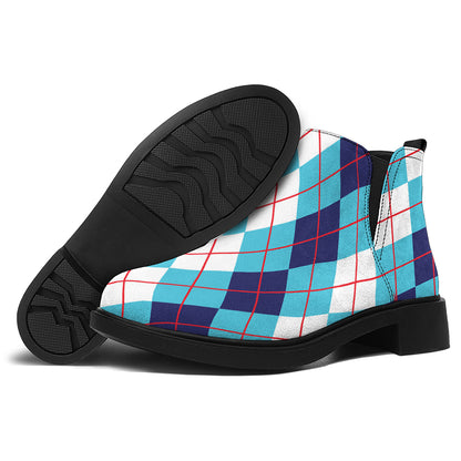 White And Blue Argyle Pattern Print Flat Ankle Boots