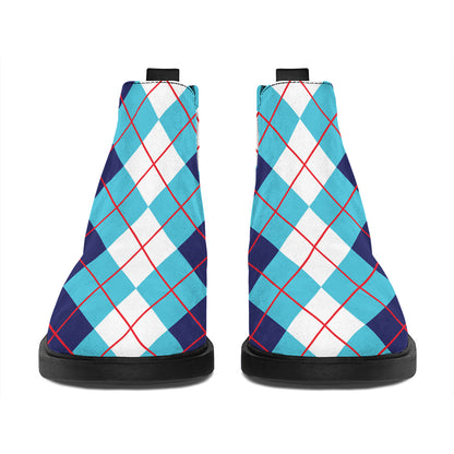 White And Blue Argyle Pattern Print Flat Ankle Boots