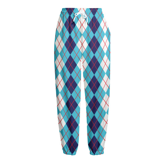 White And Blue Argyle Pattern Print Fleece Lined Knit Pants
