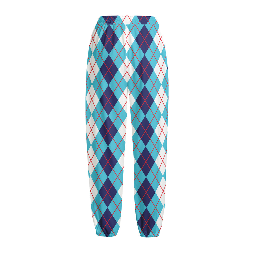 White And Blue Argyle Pattern Print Fleece Lined Knit Pants