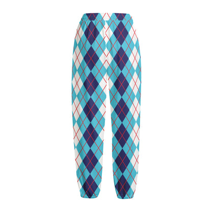 White And Blue Argyle Pattern Print Fleece Lined Knit Pants