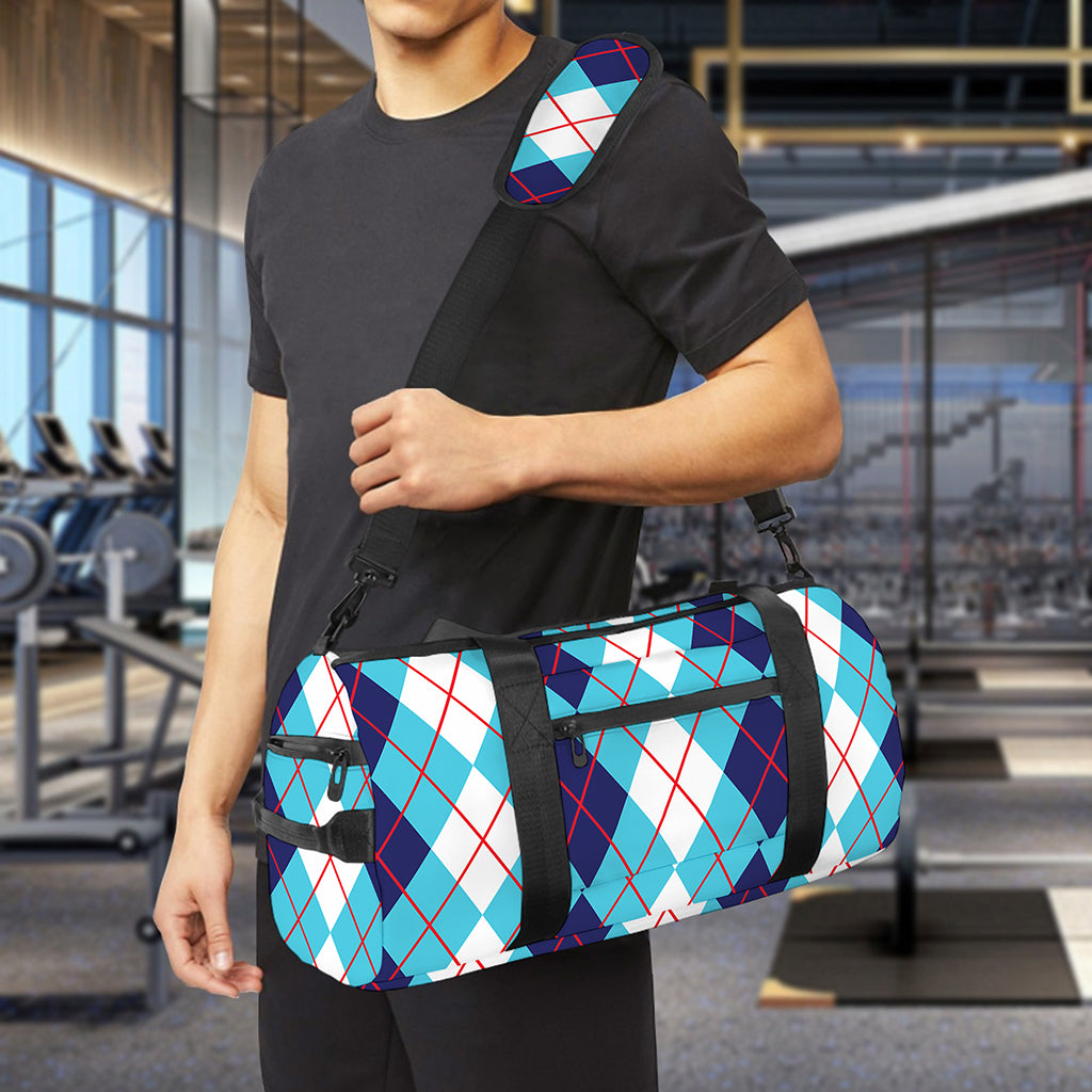 White And Blue Argyle Pattern Print Gym Bag