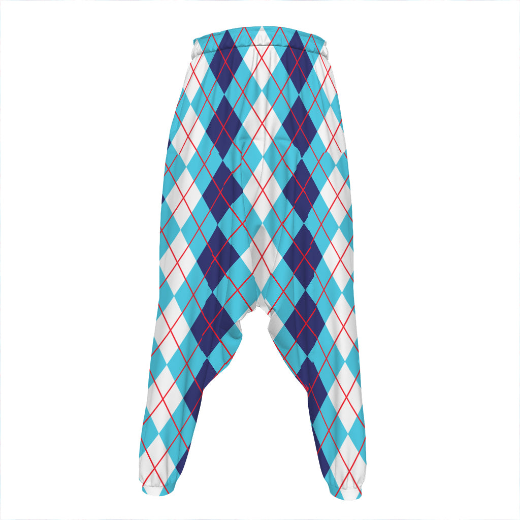 White And Blue Argyle Pattern Print Hammer Pants