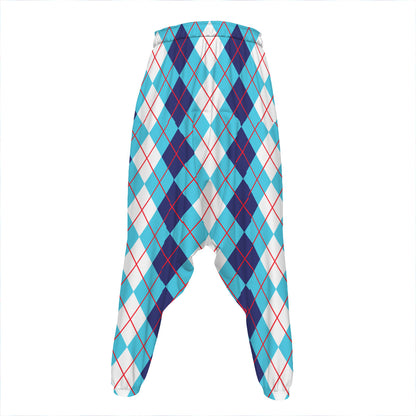 White And Blue Argyle Pattern Print Hammer Pants