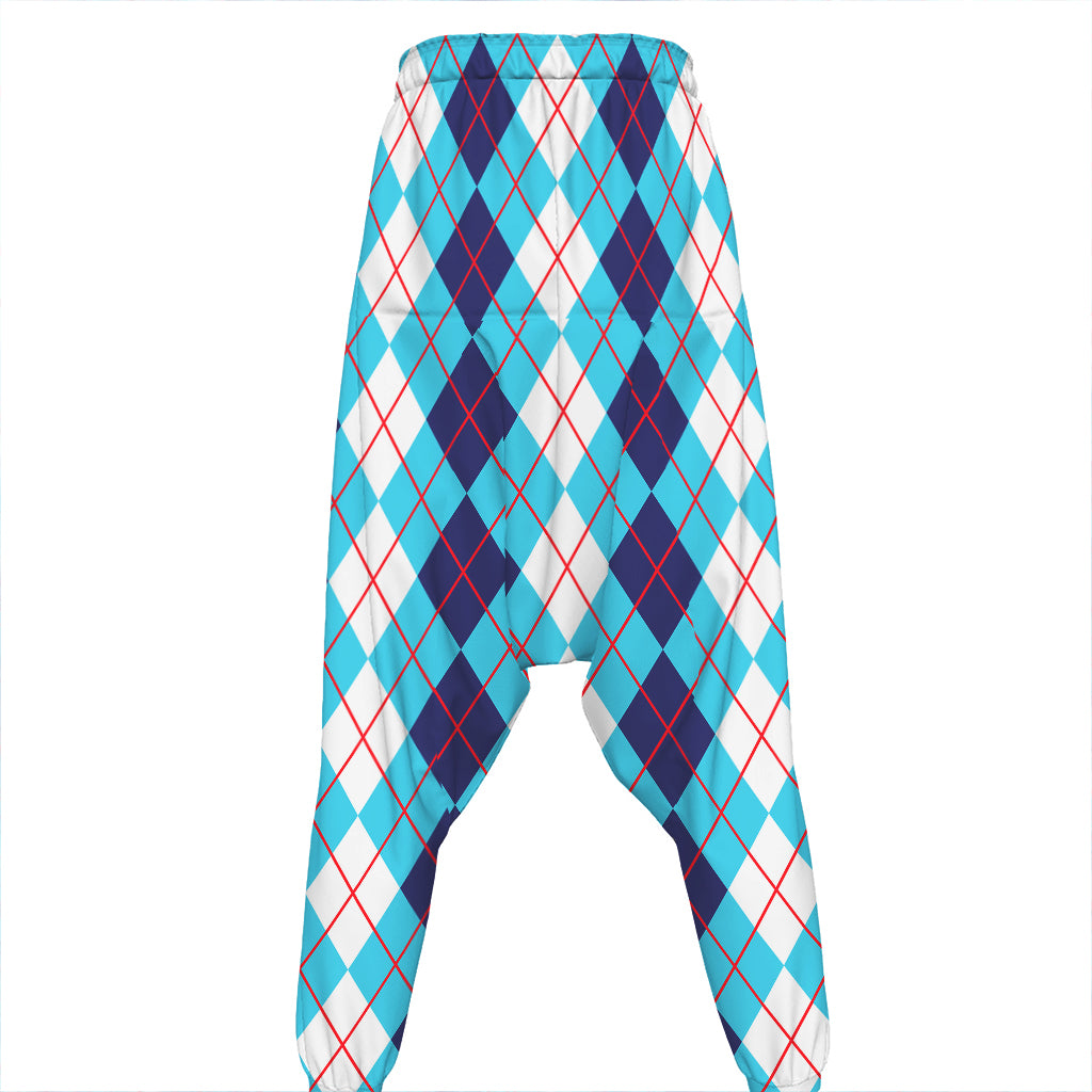 White And Blue Argyle Pattern Print Hammer Pants