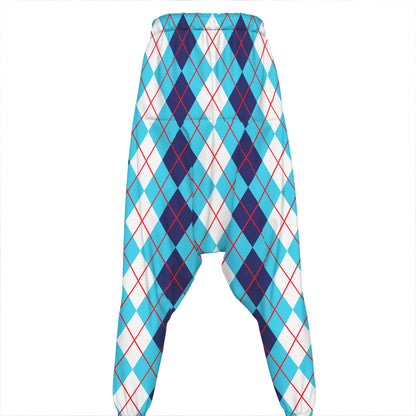 White And Blue Argyle Pattern Print Hammer Pants