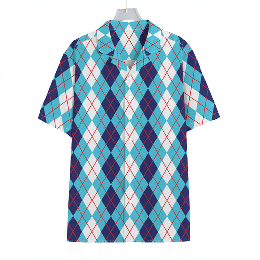 White And Blue Argyle Pattern Print Hawaiian Shirt