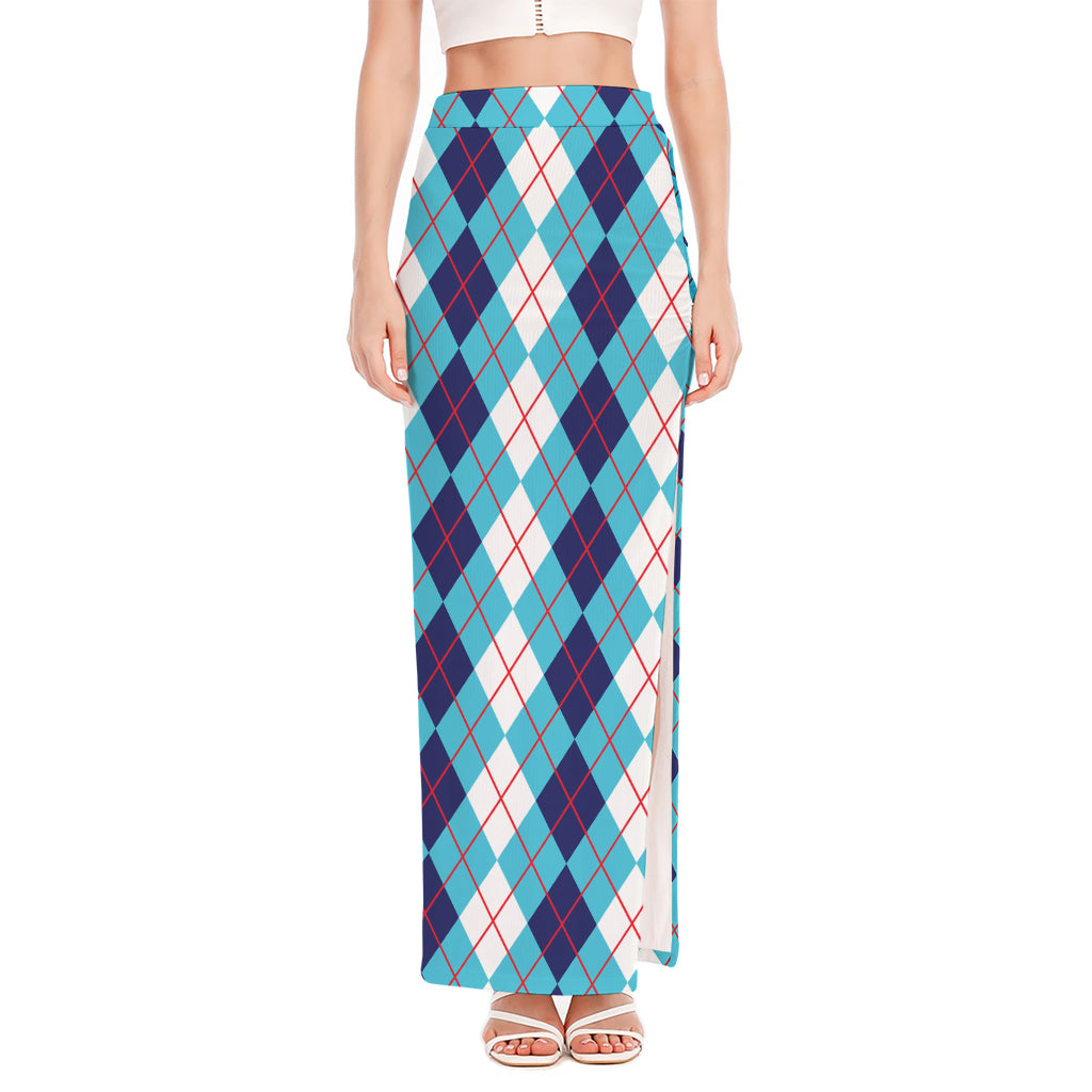 White And Blue Argyle Pattern Print High Slit Maxi Skirt