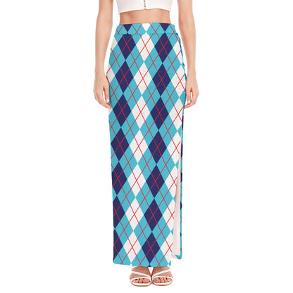White And Blue Argyle Pattern Print High Slit Maxi Skirt