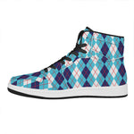 White And Blue Argyle Pattern Print High Top Leather Sneakers