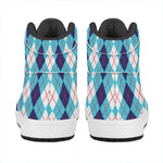 White And Blue Argyle Pattern Print High Top Leather Sneakers
