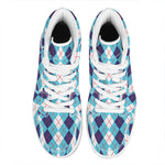 White And Blue Argyle Pattern Print High Top Leather Sneakers