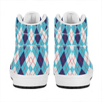 White And Blue Argyle Pattern Print High Top Leather Sneakers