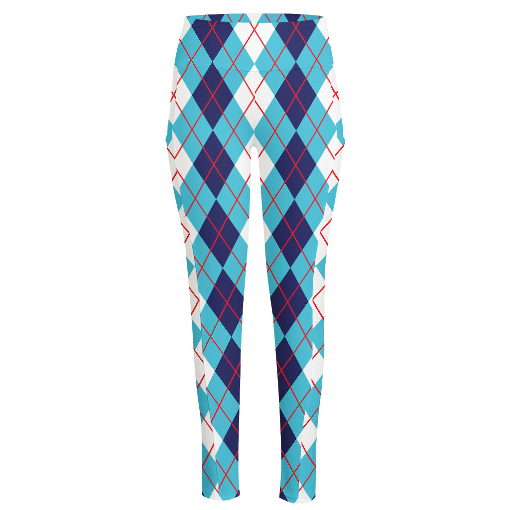 White And Blue Argyle Pattern Print High-Waisted Pocket Leggings