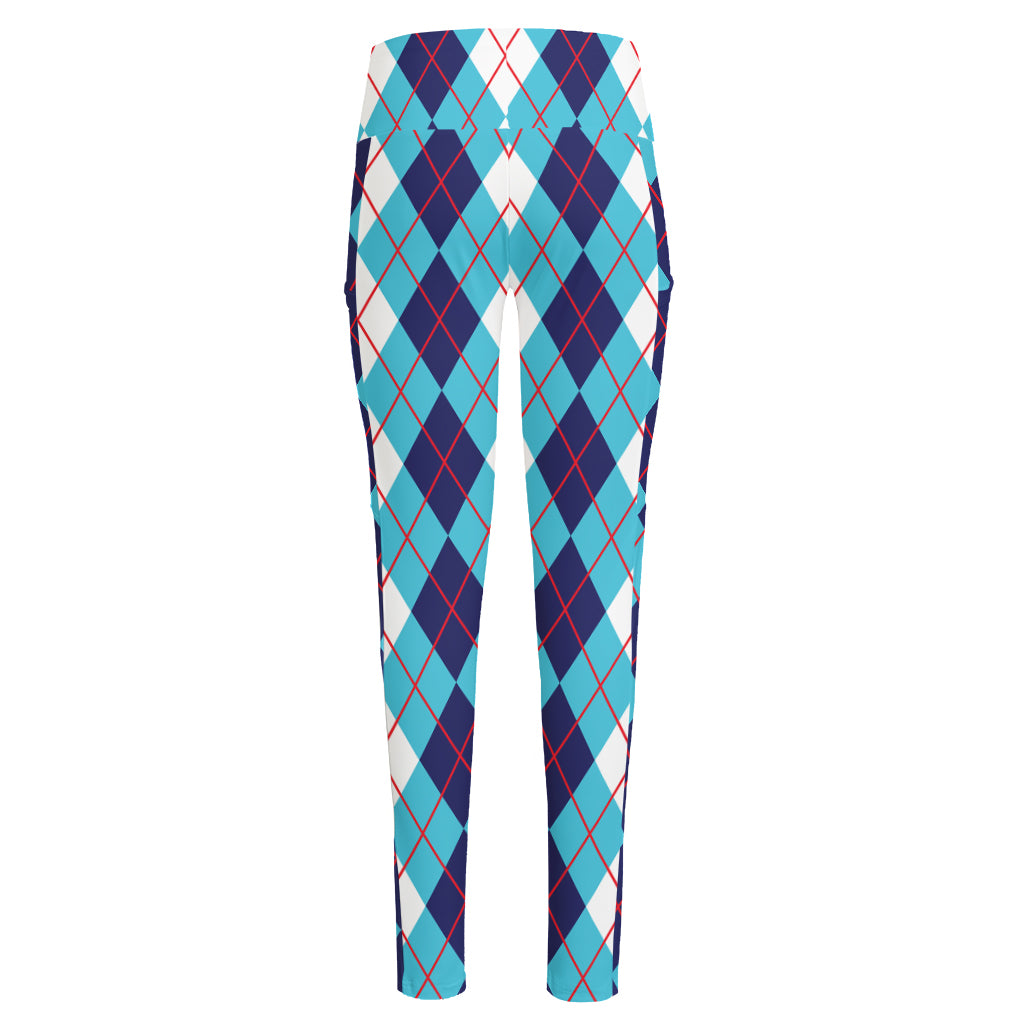 White And Blue Argyle Pattern Print High-Waisted Pocket Leggings