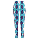 White And Blue Argyle Pattern Print High-Waisted Pocket Leggings