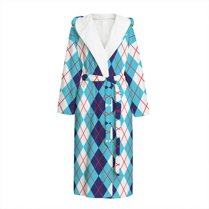 White And Blue Argyle Pattern Print Hooded Bathrobe