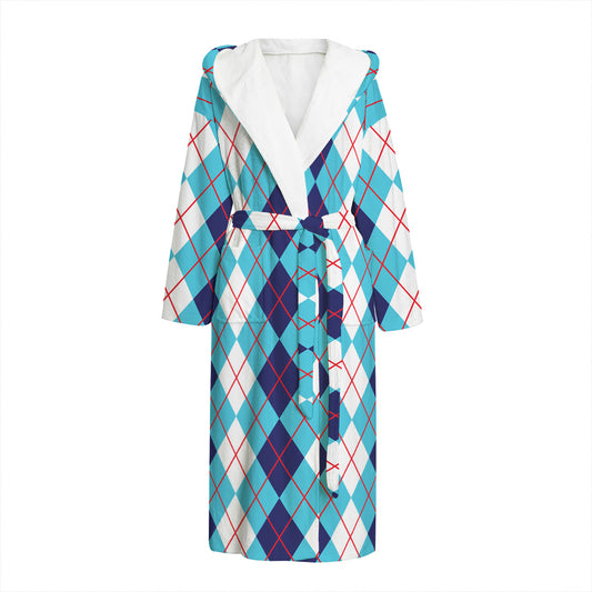 White And Blue Argyle Pattern Print Hooded Bathrobe