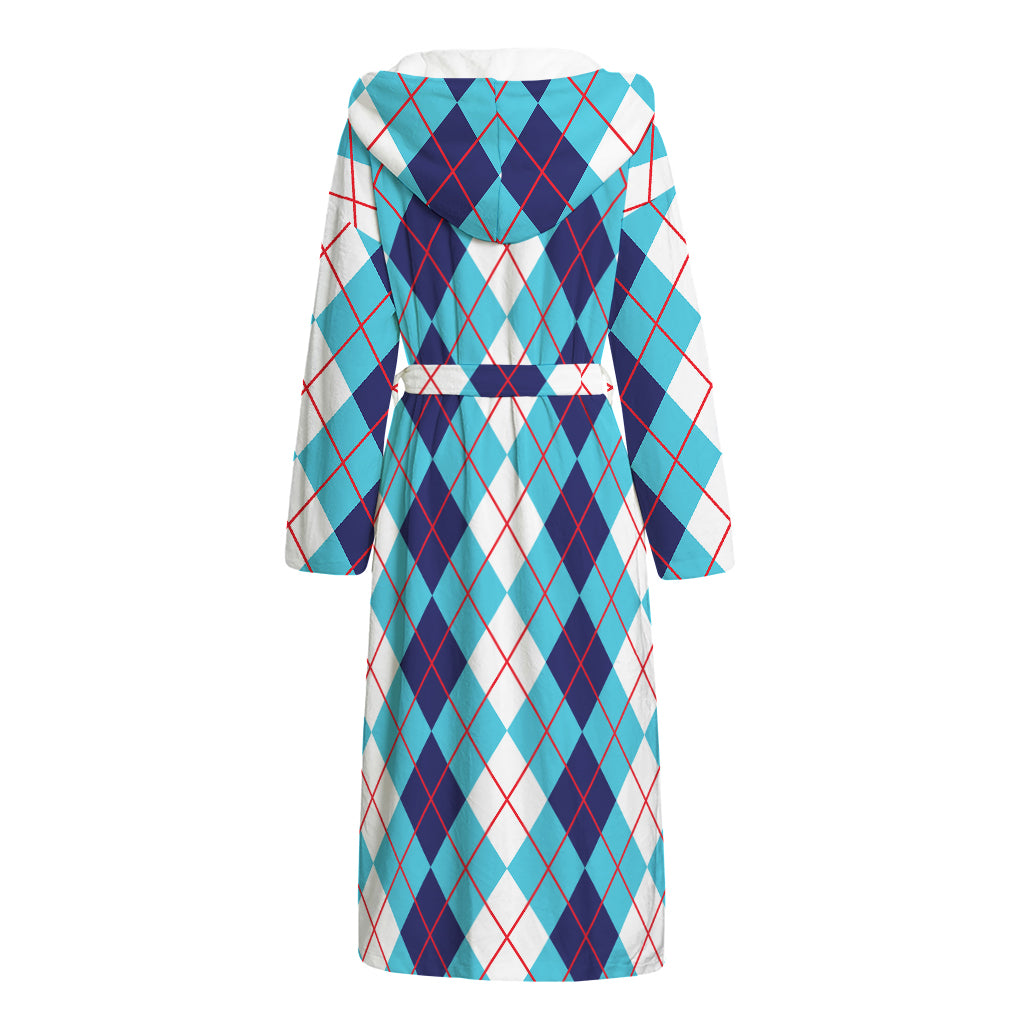 White And Blue Argyle Pattern Print Hooded Bathrobe
