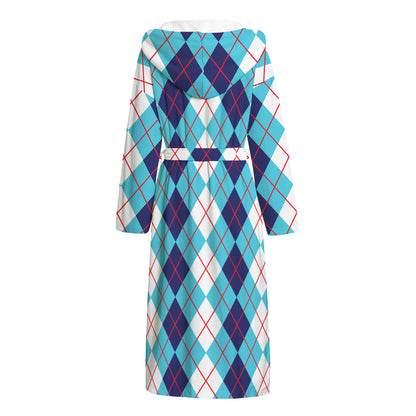 White And Blue Argyle Pattern Print Hooded Bathrobe